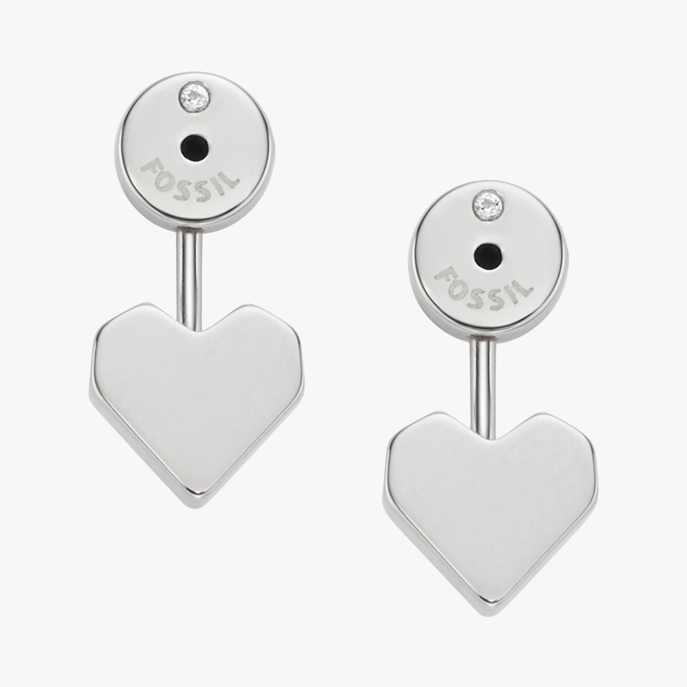 Fossil Women's Silver-Tone Earrings, Heart Ear Jackets with Cubic Zirconia | JF02553040