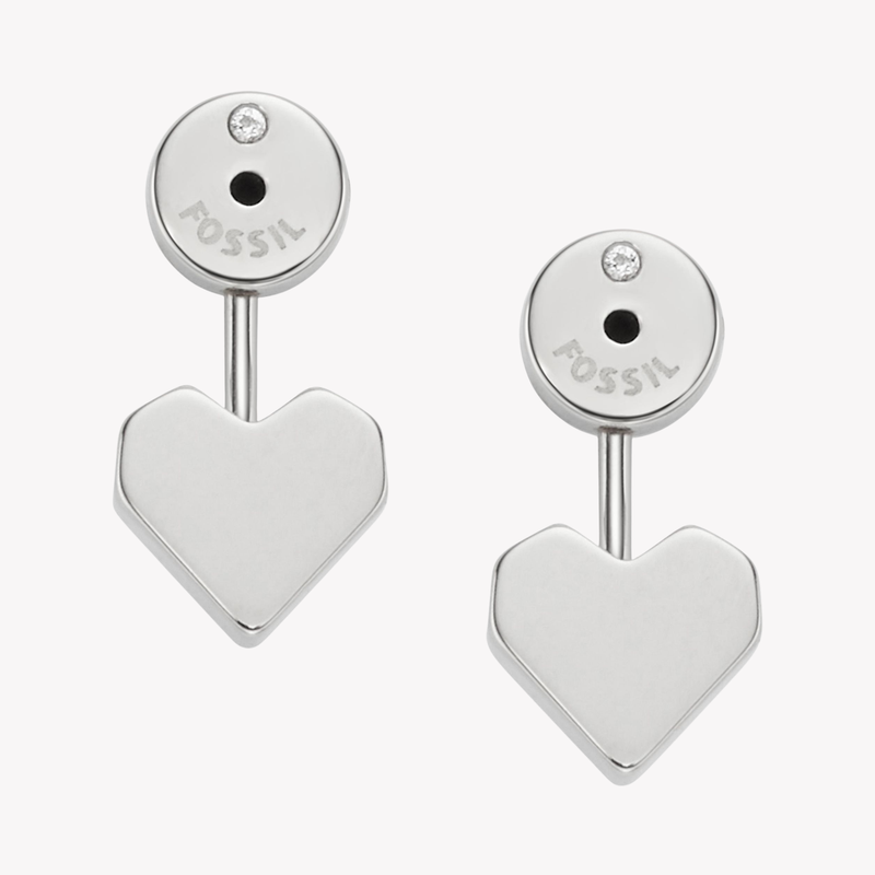 Fossil Women's Silver-Tone Earrings, Heart Ear Jackets with Cubic Zirconia | JF02553040