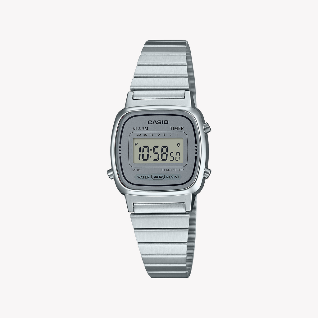 CASIO LA670WA-7DF RETRO ELEGANCE – SPORTLICHE RAFFINIERTE Damenuhr mit schlanker Digitalanzeige und Edelstahlarmband.