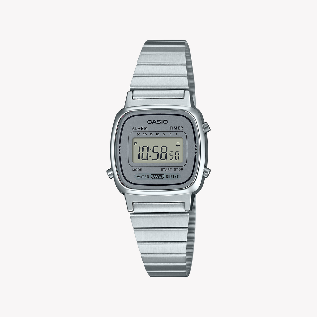 CASIO LA670WA-7DF RETRO ELEGANCE – SPORTLICHE RAFFINIERTE Damenuhr mit schlanker Digitalanzeige und Edelstahlarmband.