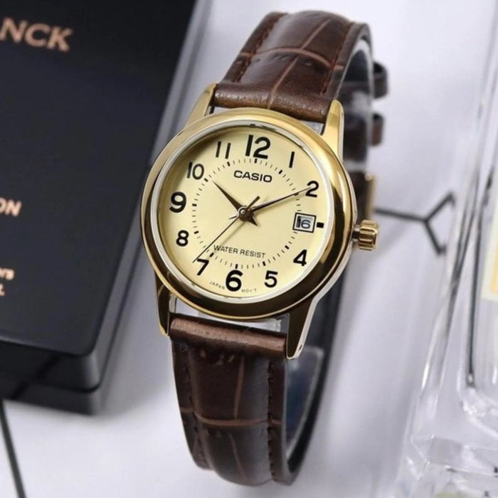 Casio Women's Champagne Dial Analog Watch with Leather Strap LTP-V002GL-9BUDF Brown