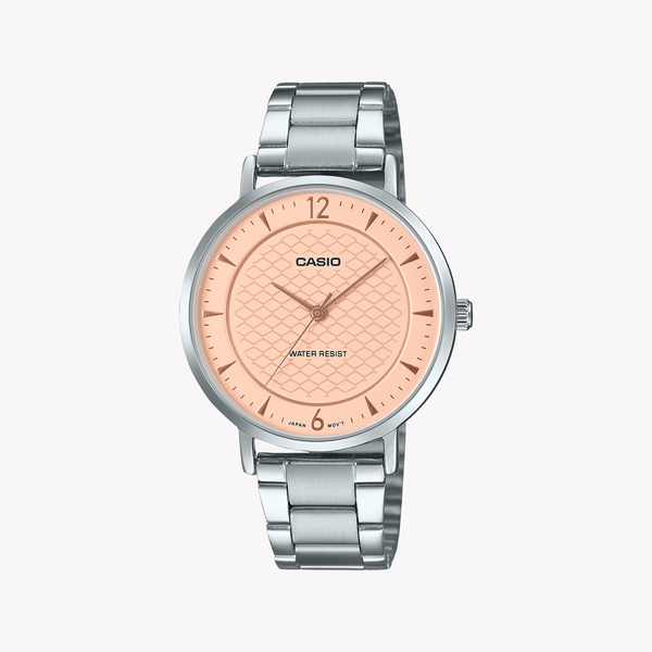 Casio Women's Analog Pink Textured Dial Silver Tone Stainless Steel Watch LTP-VT04D-4ADF