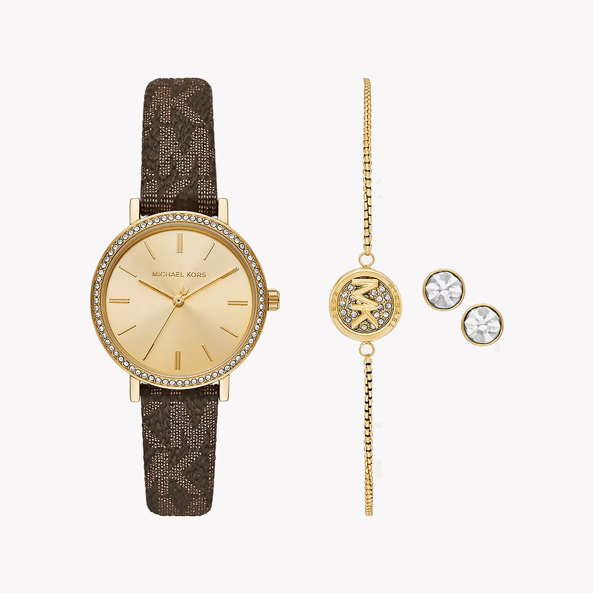 Michael Kors Women's Gold Watch, Brown Leather | Mko9001set