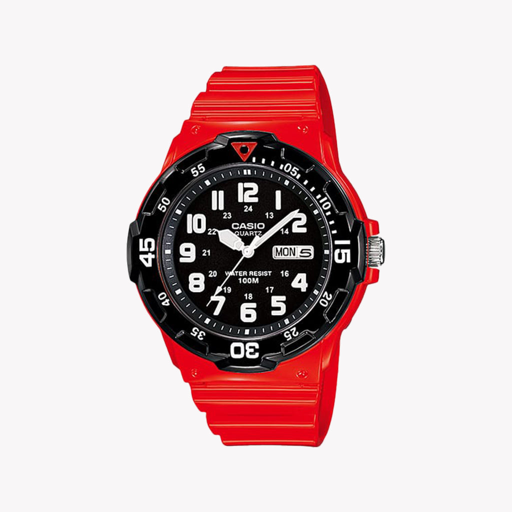 CASIO MRW-200HC-4BVDF ADVENTURE READY – mutige rote Sport-Herrenuhr mit schwarzem Zifferblatt und drehbarer Lünette