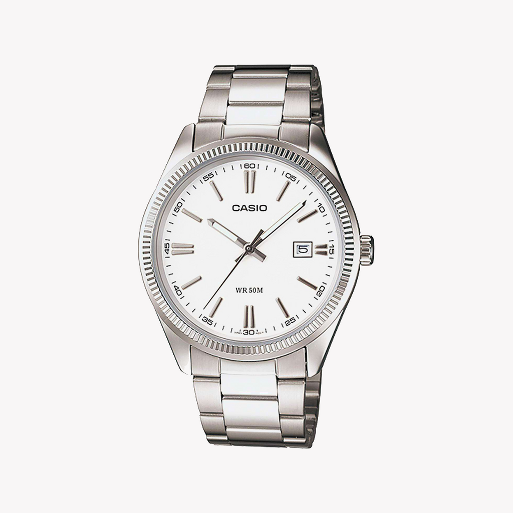 CASIO MTP-1302D-7A1VDF – ELEGANTE, SPORTLICHE HERRENUHR AUS EDELSTAHL mit weißem Zifferblatt und Datumsfunktion