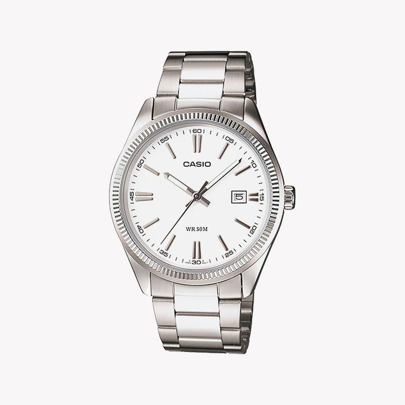 Casio Mtp-1302d-7a1vdf - Elegant Sporty Stainless Steel Men's Watch With White Dial & Date Function by i-watch