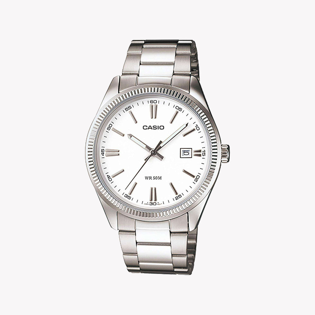 CASIO MTP-1302D-7A1VDF – ELEGANTE, SPORTLICHE HERRENUHR AUS EDELSTAHL mit weißem Zifferblatt und Datumsfunktion