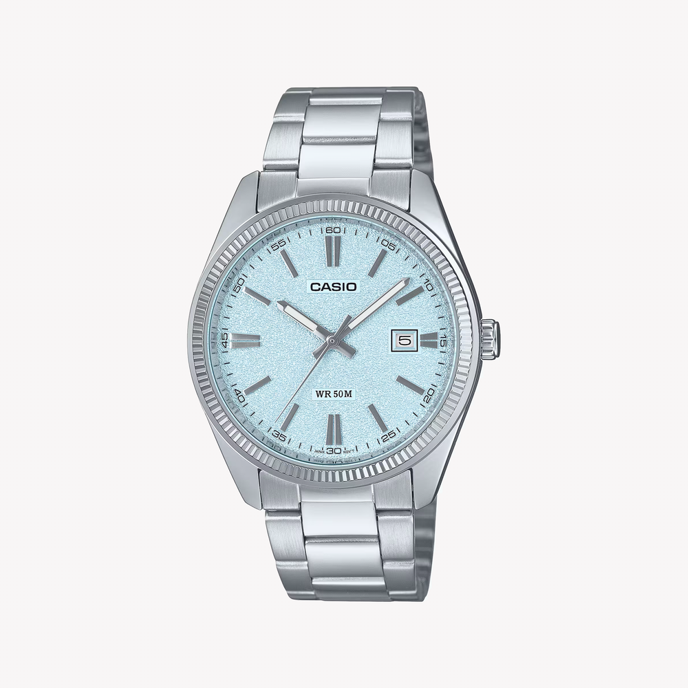 CASIO MTP-1302DA-2A2VDF Analog – Ice-Blue Textured Matte Dial, Stainless-Steel Band, 50 m Water-Resistant Men's Watch