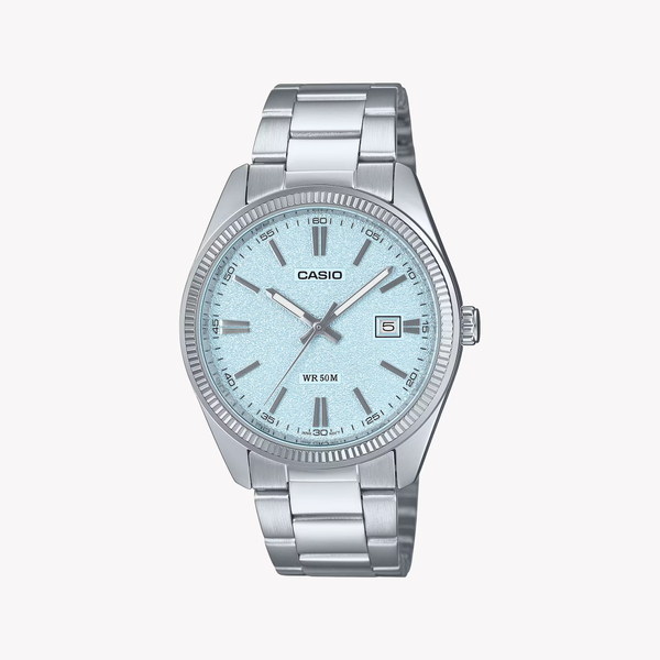 CASIO MTP-1302DA-2A2VDF Analog – Ice-Blue Textured Matte Dial, Stainless-Steel Band, 50 m Water-Resistant Men's Watch