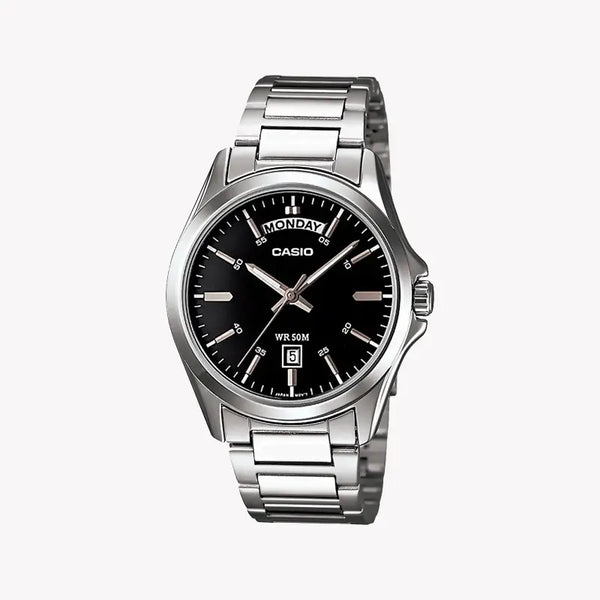 Casio Men's Silver Stainless Steel Watch, Black Dial | Mtp-1370d-1a1vdf by i-watch