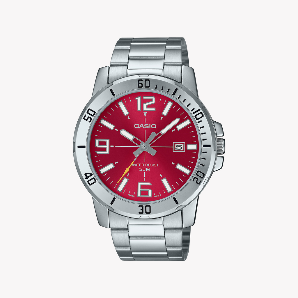 Casio Men's Silver Watch, Red Dial | Mtp-Vd01d-4bvudf