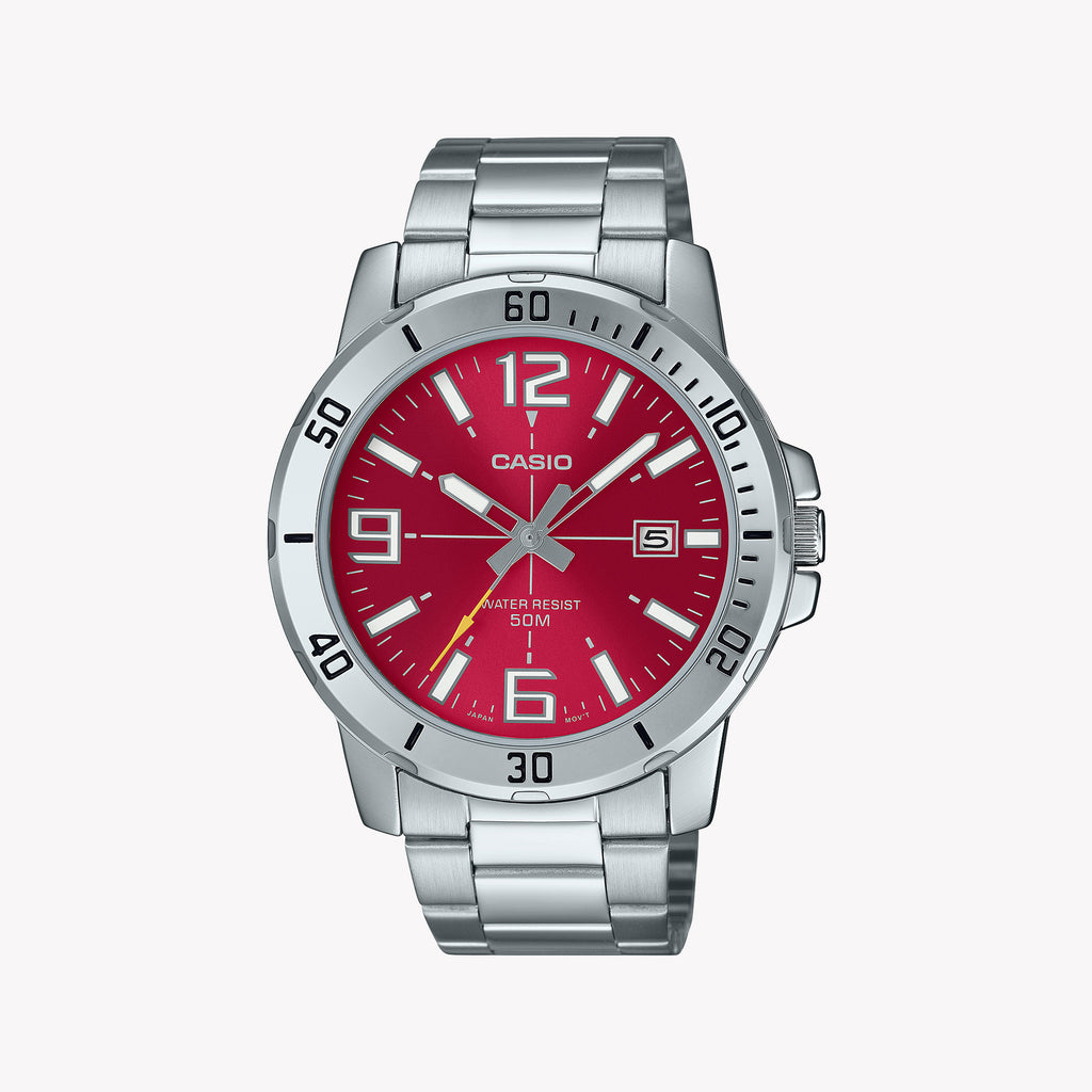 Casio Men's Silver Watch, Red Dial | Mtp-Vd01d-4bvudf
