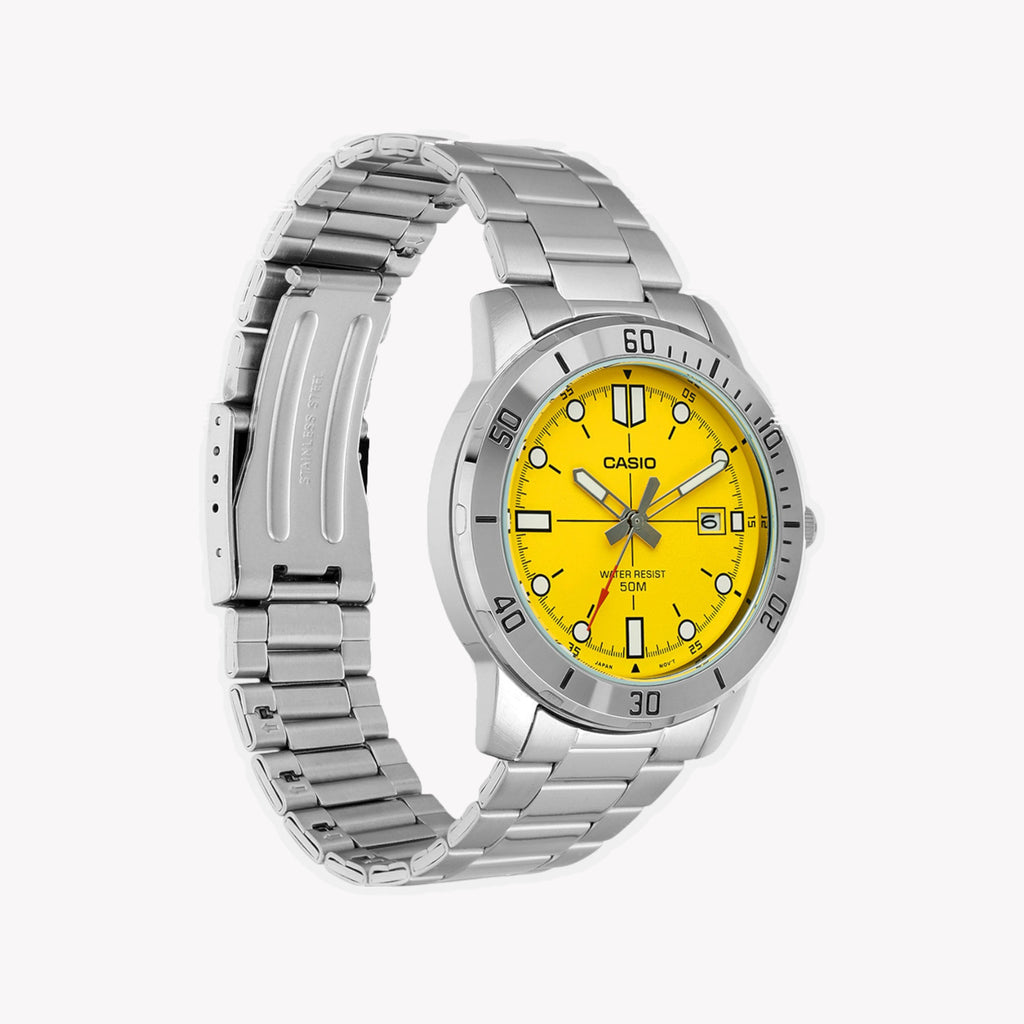 كاسيو MTP-VD01D-9EVUDF - ساعة رياضية أنيقة بمينا أصفر وسوار من الفولاذ المقاوم للصدأ