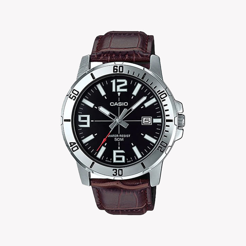 Casio Men's Silver Watch, Brown Leather Band | Mtp-Vd01l-1bvudf