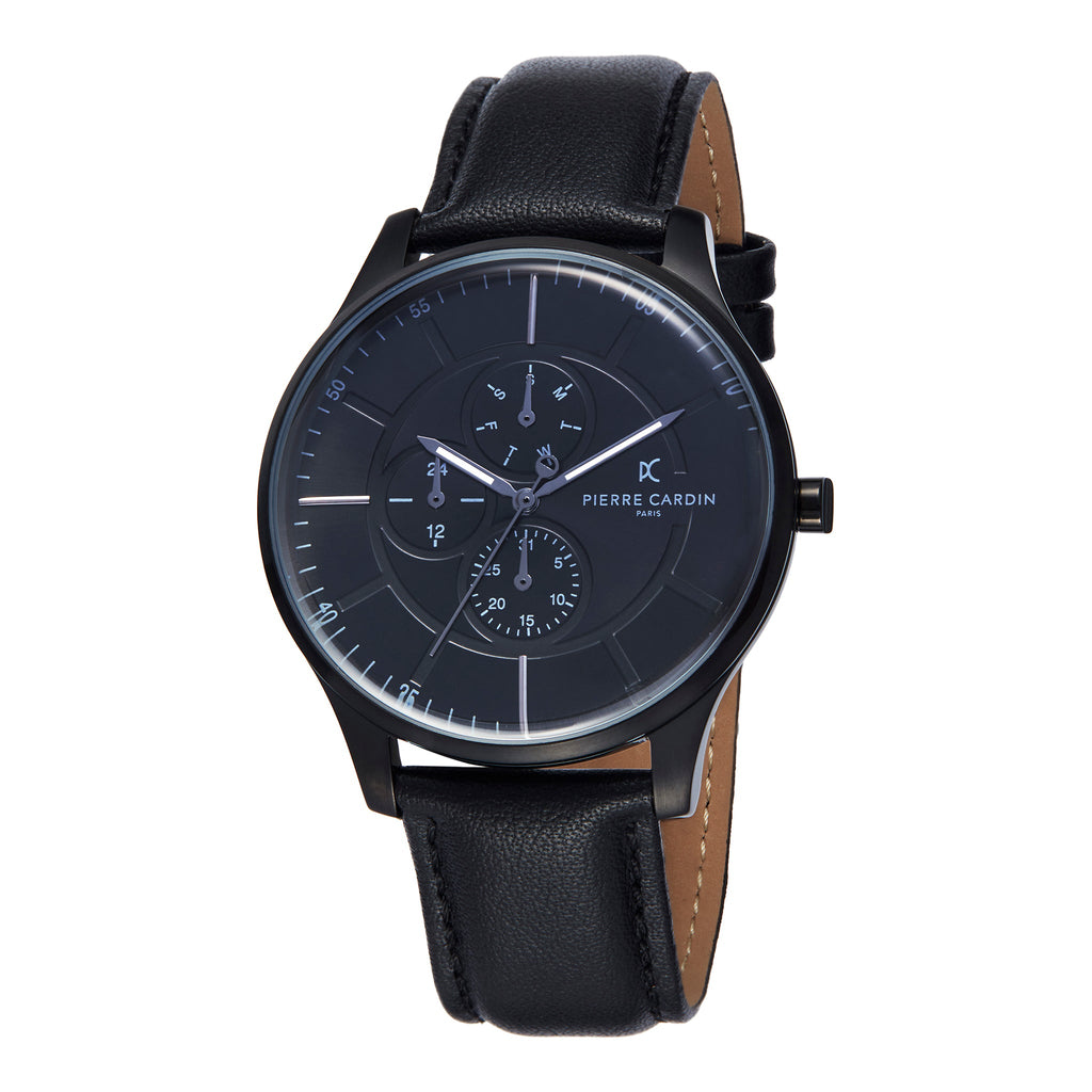 PIERRE CARDIN PC902731F103 LUXURY BLACK DIAL MEN'S WATCH - STAINLESS STEEL & LEATHER BAND