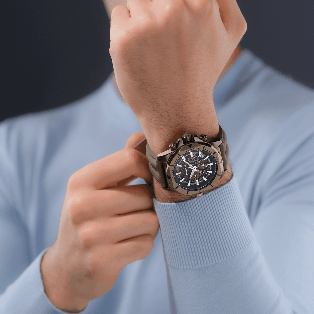 Police Men's Brown Stainless Steel & Green Leather Watch | Pewgf0054502