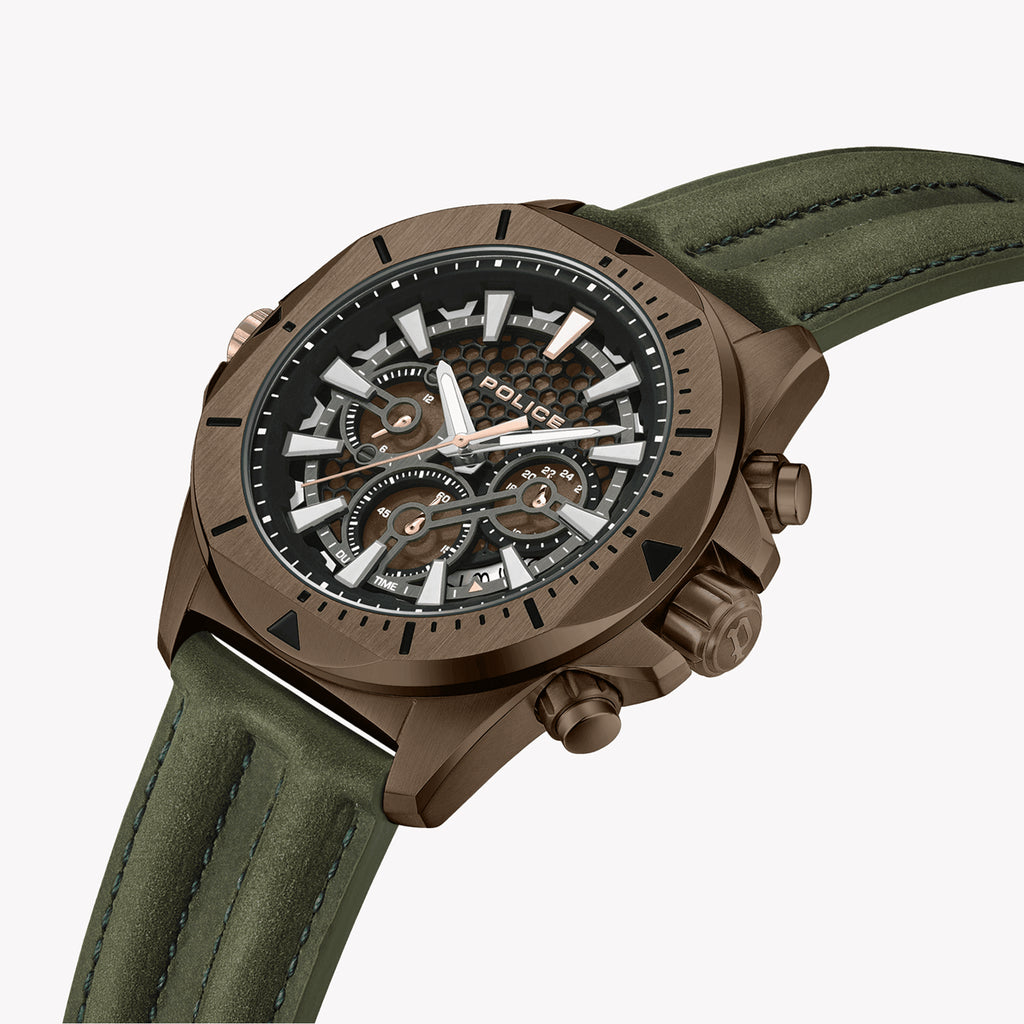 Police Men's Brown Stainless Steel & Green Leather Watch | Pewgf0054502
