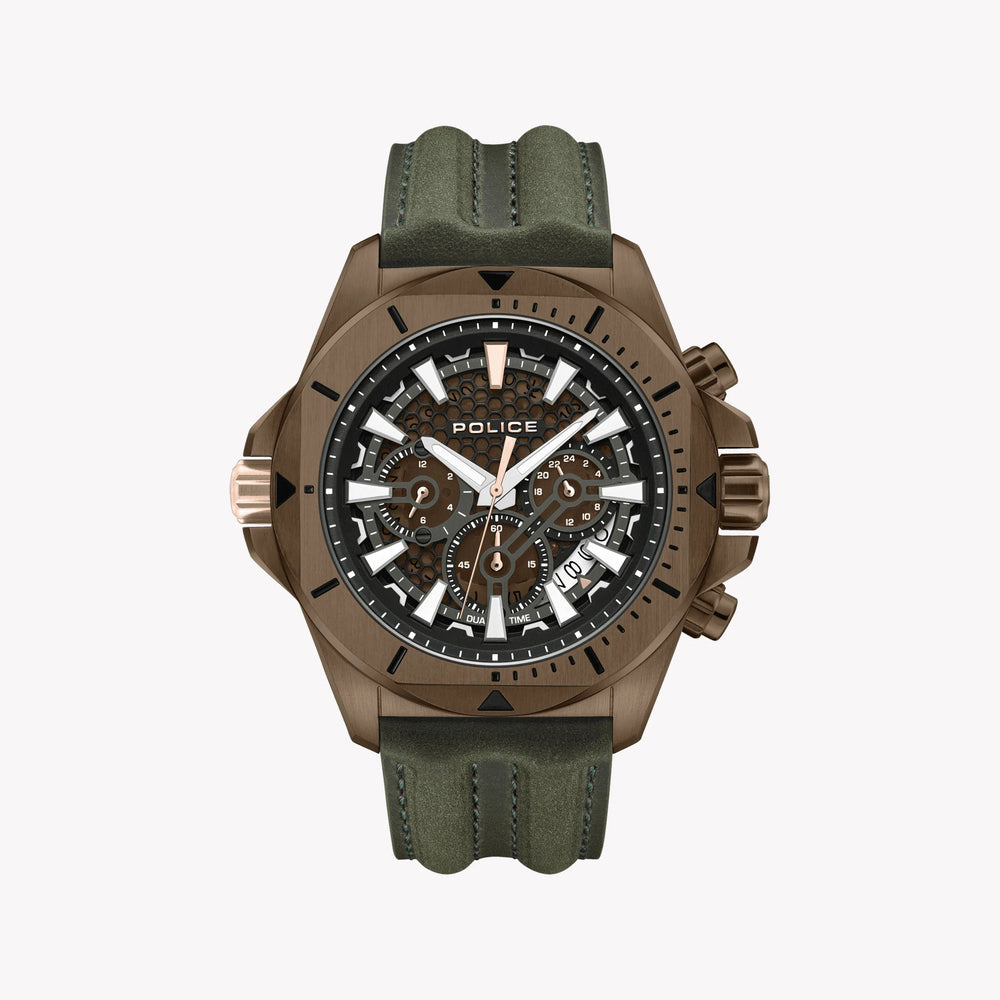 Police Men's Brown Stainless Steel & Green Leather Watch | Pewgf0054502 by i-watch