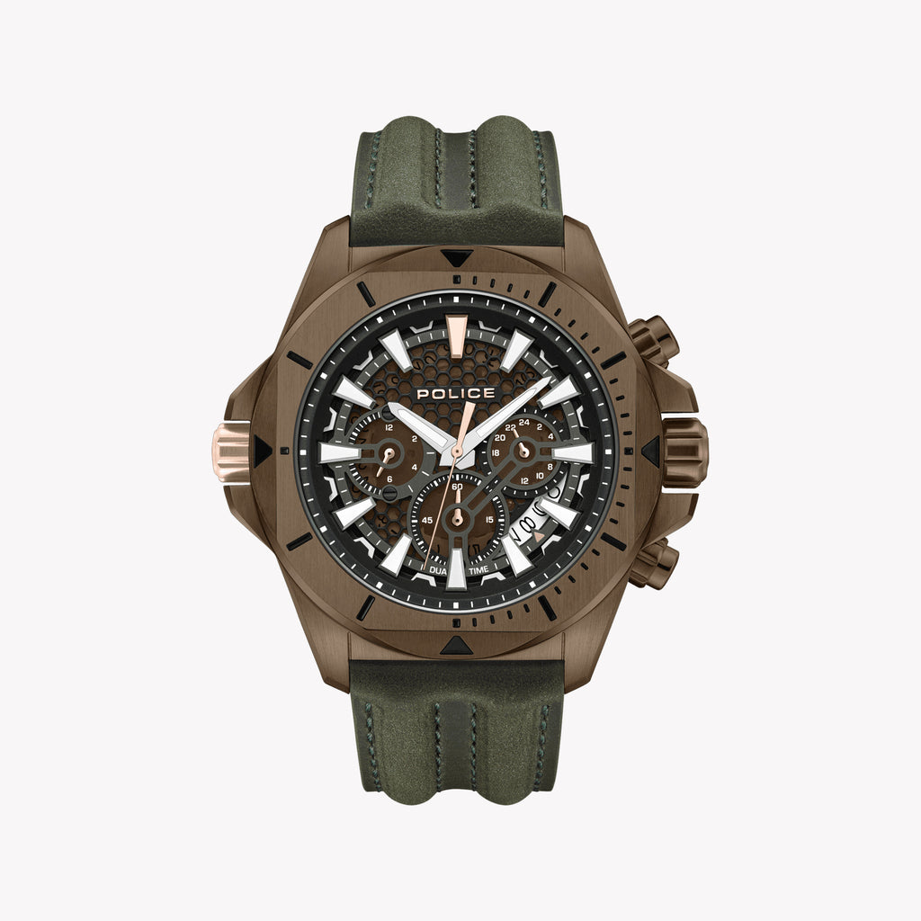 Police Men's Brown Stainless Steel & Green Leather Watch | Pewgf0054502