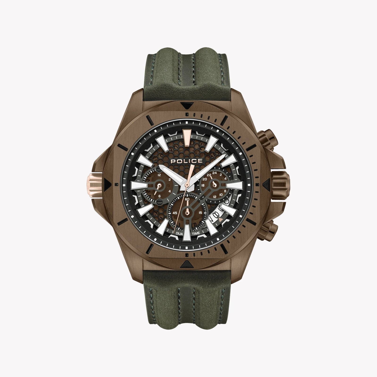 Police Men's Brown Stainless Steel & Green Leather Watch | Pewgf0054502 by i-watch