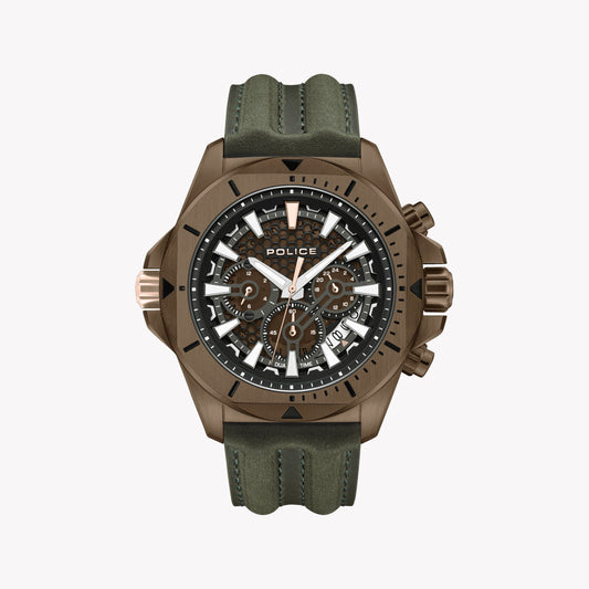 Police Men's Brown Stainless Steel & Green Leather Watch | Pewgf0054502