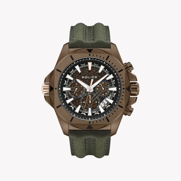 Police Men's Brown Stainless Steel & Green Leather Watch | Pewgf0054502 by i-watch