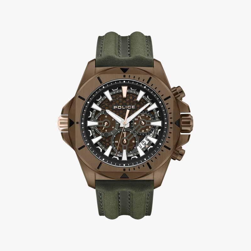 Police Men's Brown Stainless Steel & Green Leather Watch | Pewgf0054502 by i-watch