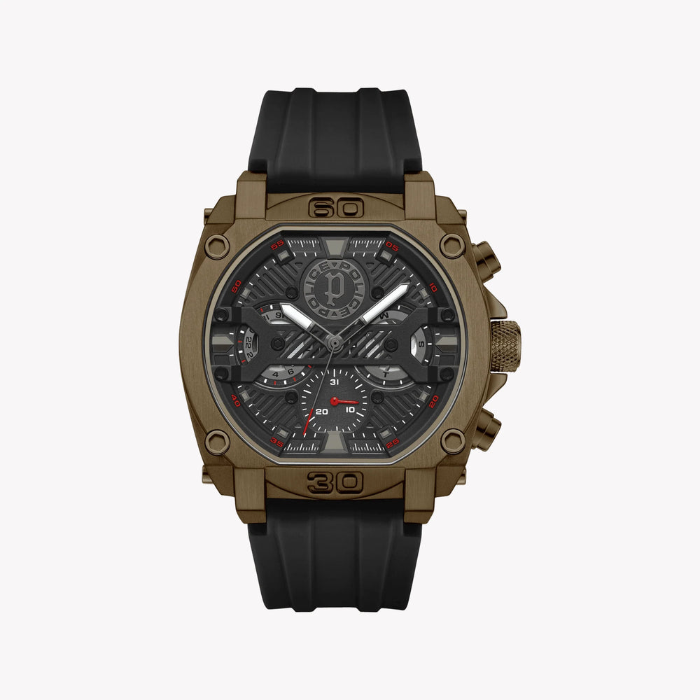 POLICE Men's Brown Stainless Steel & Black Silicone Watch | PEWGQ0040003 by i-watch