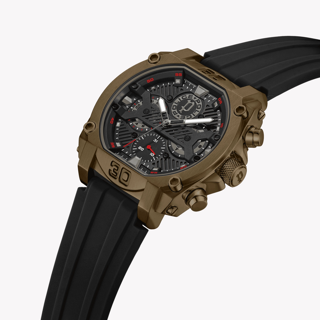 POLICE Men's Brown Stainless Steel & Black Silicone Watch | PEWGQ0040003