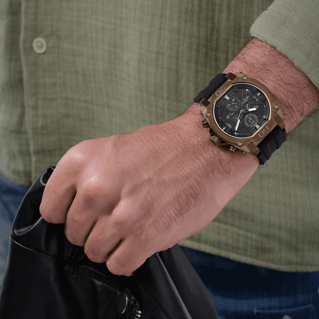 POLICE Men's Brown Stainless Steel & Black Silicone Watch | PEWGQ0040003