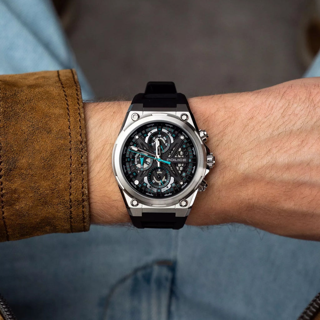 POLICE Men's Silver Stainless Steel & Black Silicone Watch | PEWGQ0054301