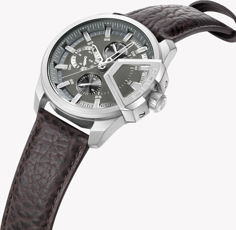 Police Men's Underlined Grey Dial / Brown Leather Strap