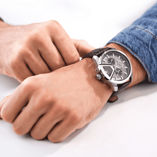 Police Men's Underlined Grey Dial / Brown Leather Strap