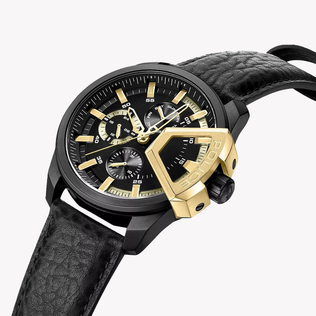 Police Men's Black & Gold Leather Watch | Pewjf0005704