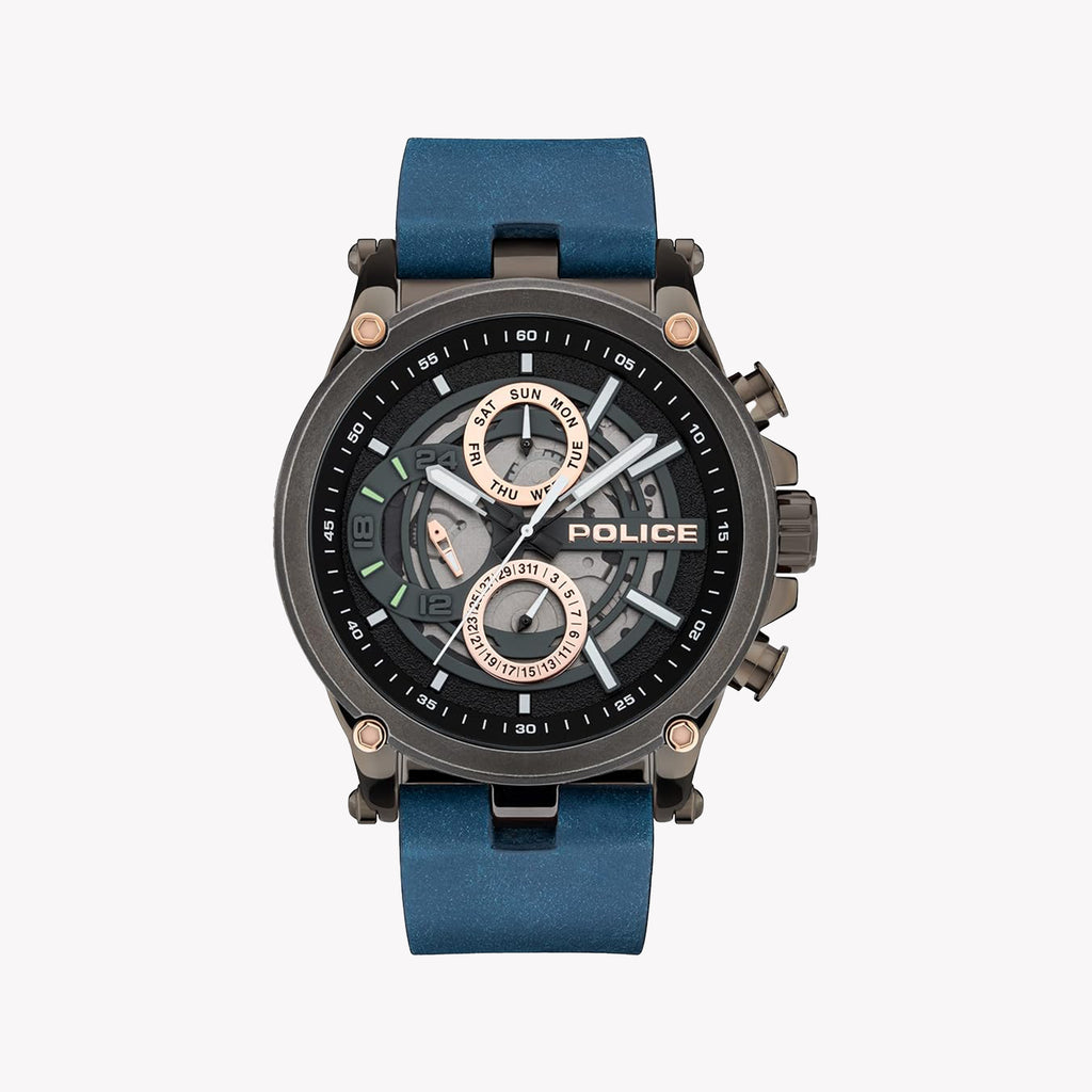 Police Men's Gray Stainless Steel & Blue Leather Watch | Pewjf2108602