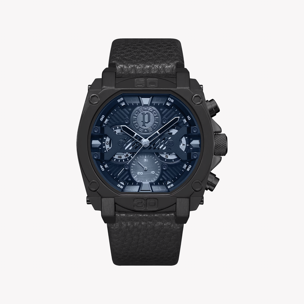 Police Watches Men's Black Leather, Dark Blue Dial | Pewjf2226803 by i-watch