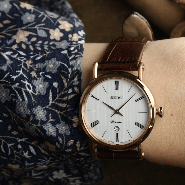 Seiko Women's Rose Gold Leather Watch, White Dial | Sxb436p1