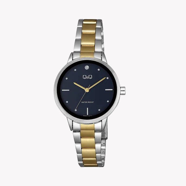 Q&Q Women's Silver & Gold Watch, Black Dial | QB97J402Y