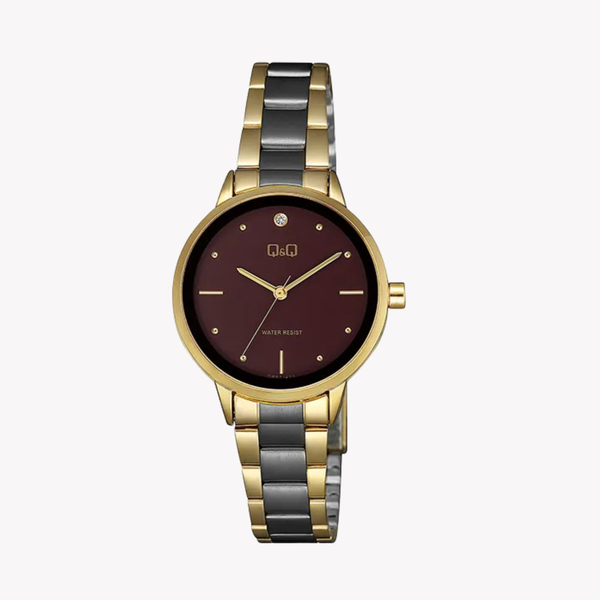 Q&Q QB97J422Y Two Tone Chain Brown Dial Stylish Ladies Watch