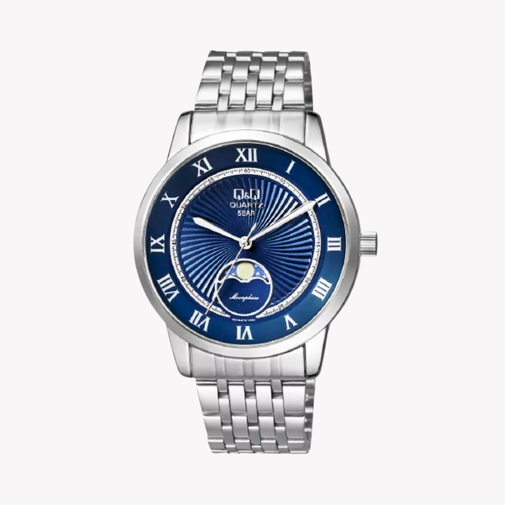 Q&Q Men's Silver Watch, Blue Moonphase Dial | QZ10J218Y