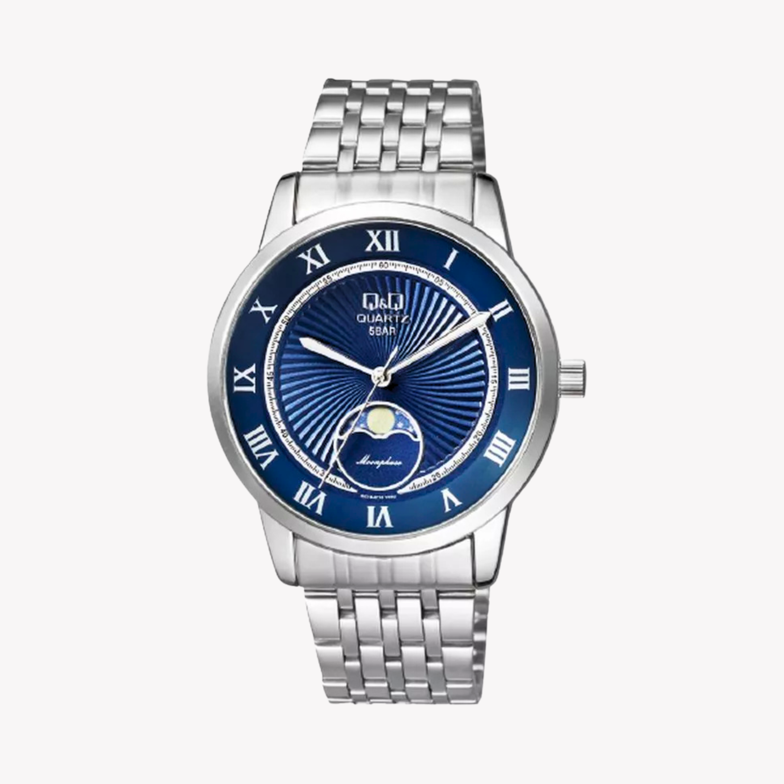 Q&Q Men's Silver Watch, Blue Moonphase Dial | QZ10J218Y