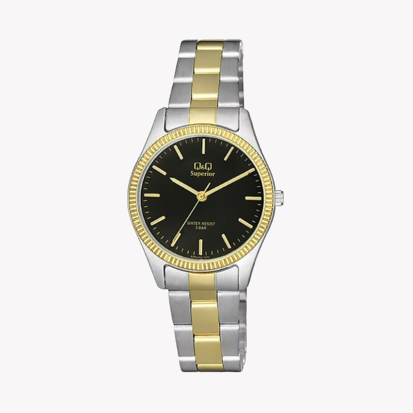 Q&Q Women's Silver & Gold Watch, Black Dial | S295J402Y
