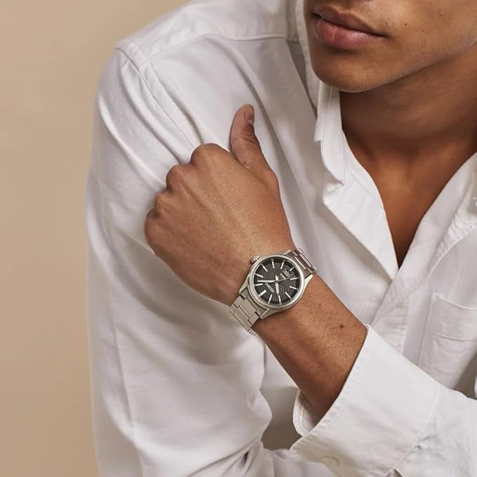 Seiko Men's Silver Watch, Black Dial | Sur535p1