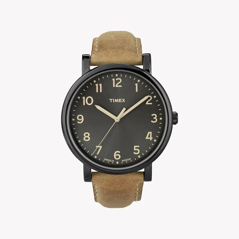 Timex Men's Brass Watch, Black Dial, Tan Leather Strap | T2N677