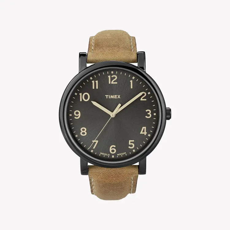 Timex Men's Brass Watch, Black Dial, Tan Leather Strap | T2N677