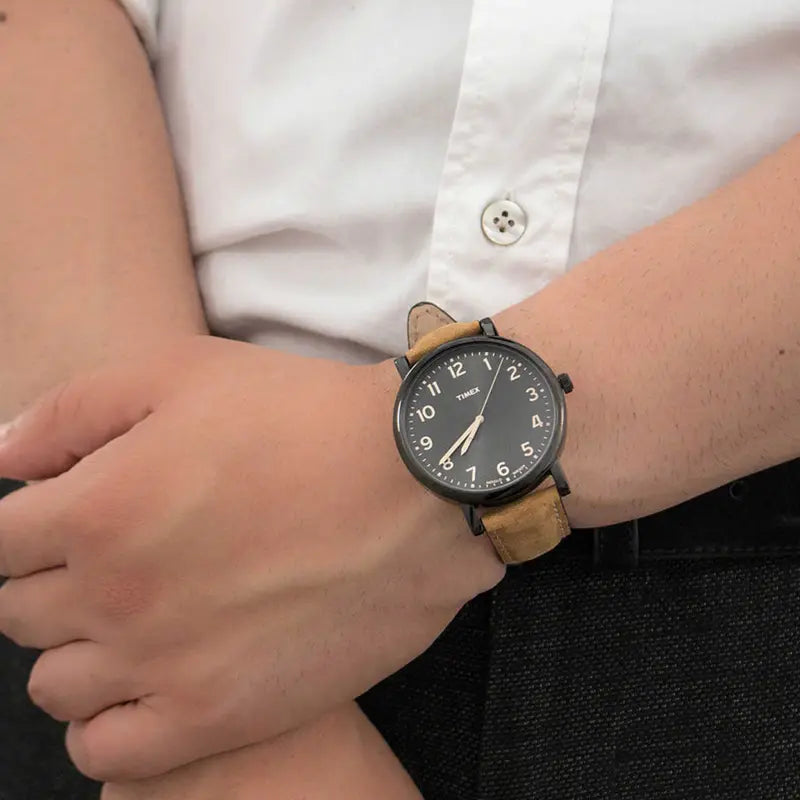 Timex Men's Brass Watch, Black Dial, Tan Leather Strap | T2N677