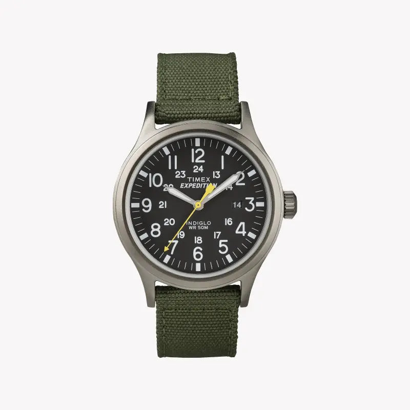 TIMEX Expedition Scout T49961 – Robuste Herrenuhr aus grünem Stoff und schwarzem Zifferblatt mit INDIGLO-Nachtlicht