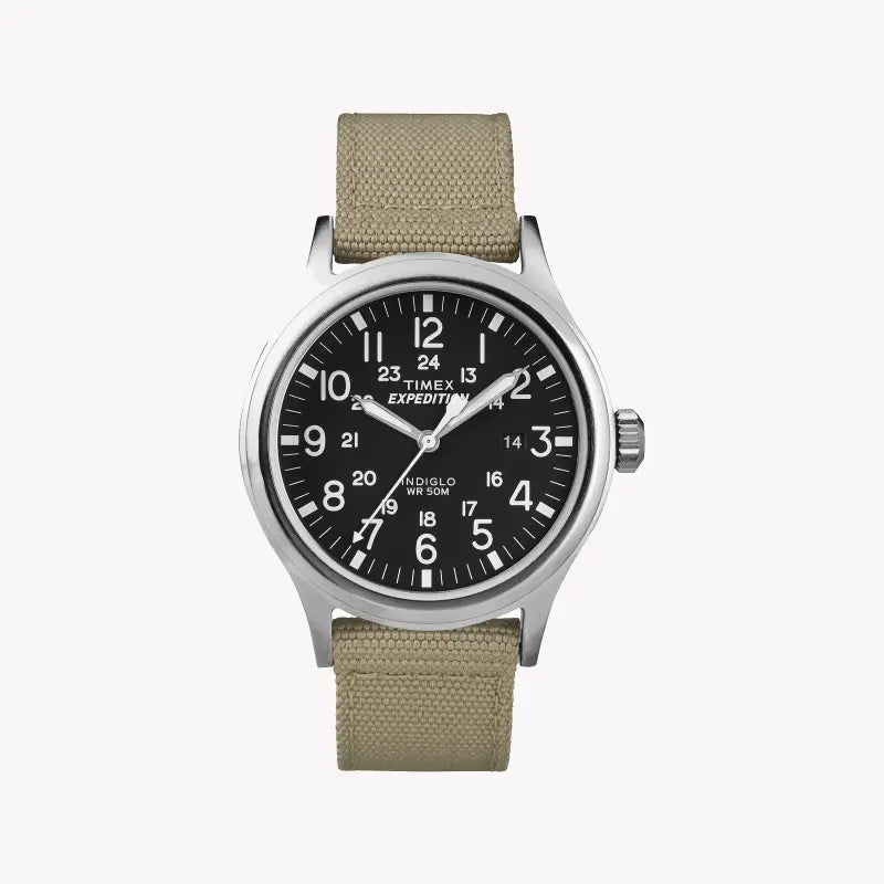 TIMEX Expedition Scout T49962 – Robuste Herrenuhr mit hellbraunem Nylonarmband und schwarzem Zifferblatt, INDIGLO-Nachtlicht