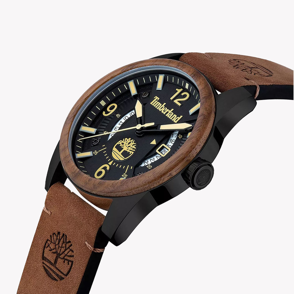 Timberland Men's Quartz Watch, Black Stainless Steel/Brown Leather | Tdwgb2103402