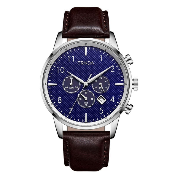 TRNDA STAINLESS STEEL ROUND WATCH - TIMELESS BLUE DIAL & BROWN LEATHER BAND Men's Fashion Statement